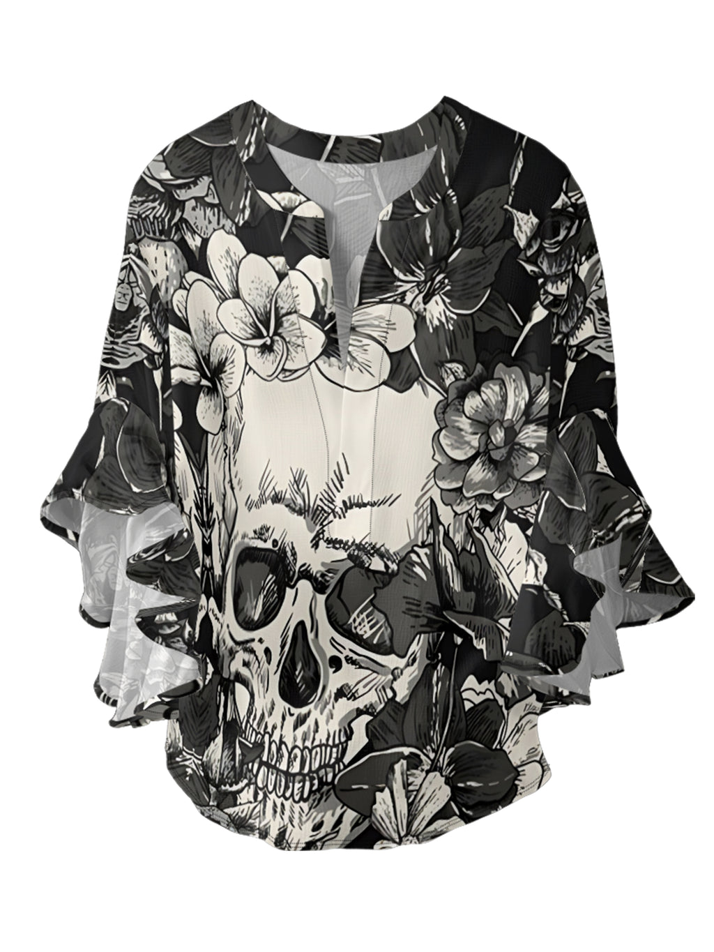 Rose Skull V-neck Ruffle Blouse