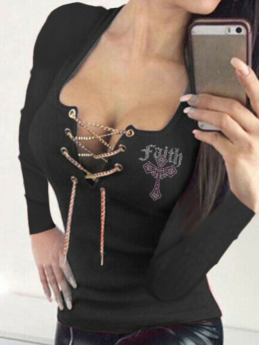 Elegant Women's Hot Drilling Symbol V-neck Lace up Long-Sleeve T-shirt