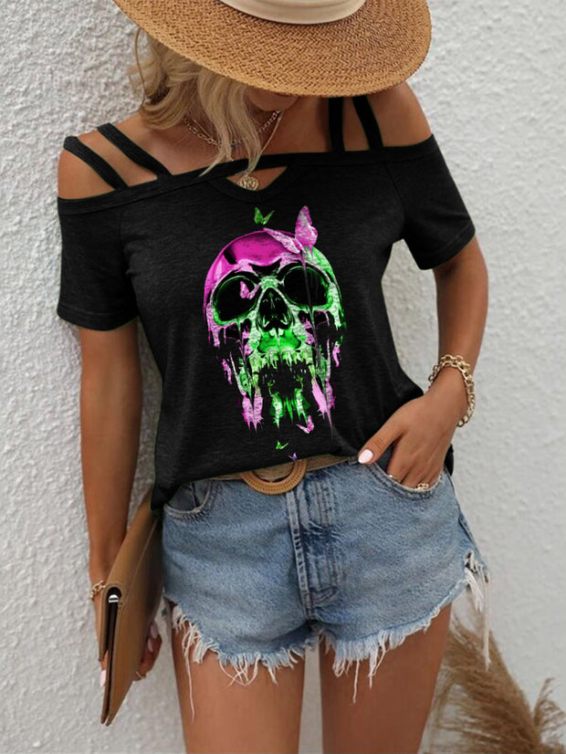 Psychedelic Skull Printed Sexy Comfort and Casual Strappy T-shirt