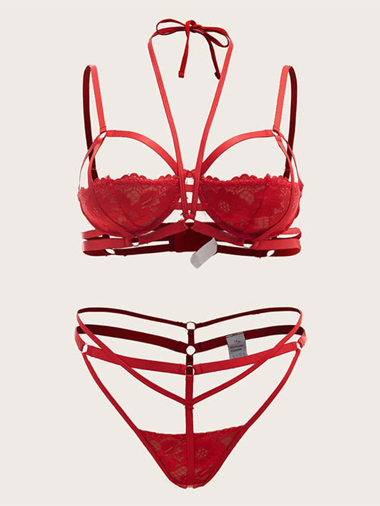 Sexy Red Lace-up Halter Cut-out Underwear Suit