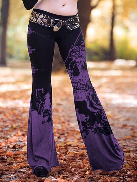 Women's Fashion Gothic Purple Skull Rose Print Bell-Bottoms