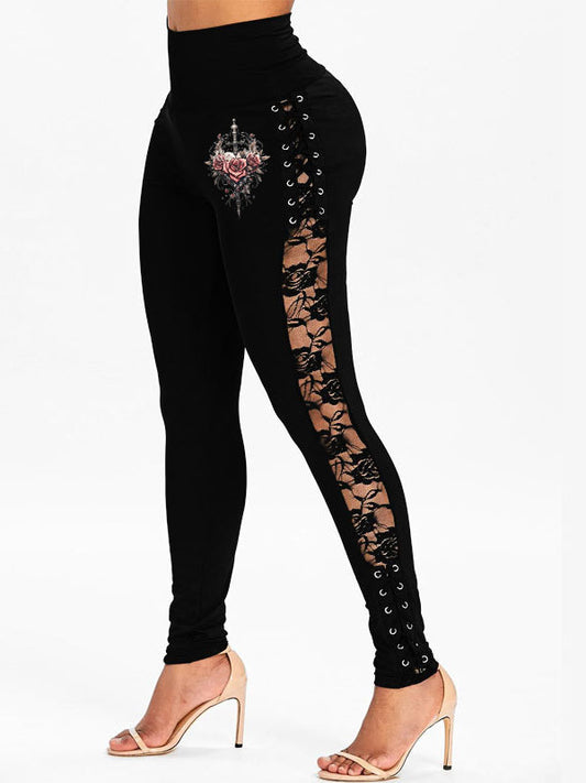 Cross Print High Waist Lace up Lace Hip Lifting Stretch Leggings