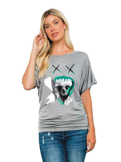 XX Skull Printed Batwing Sleeve round Neck Short Sleeve T-shirt