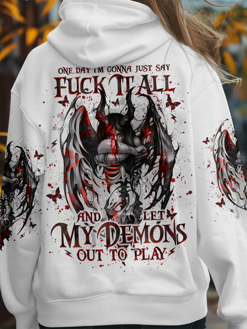 Women's Gothic Bloody Demon Messenger Print Hoodie