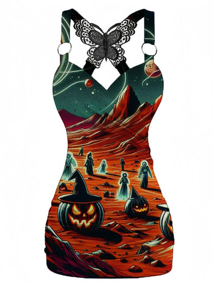 Halloween Pumpkin Printed V-neck Sexy Butterfly Back Dress