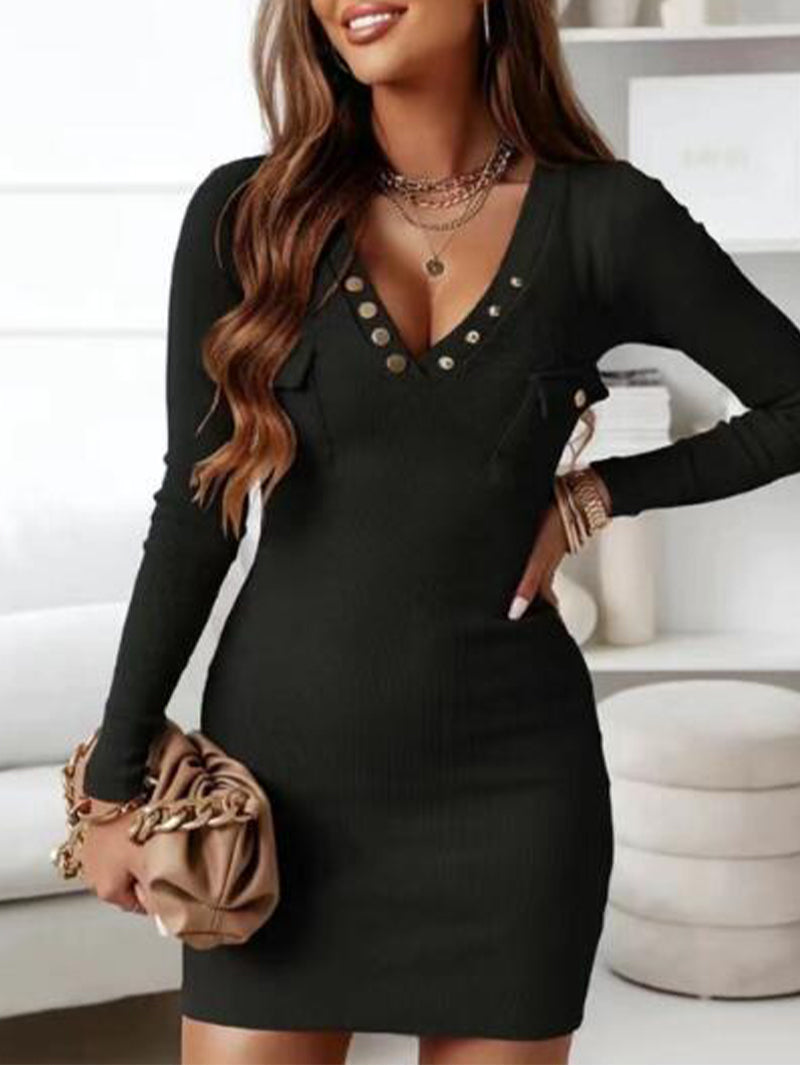 Sexy Pocket Button Knitted Sheath Long Sleeve Dress