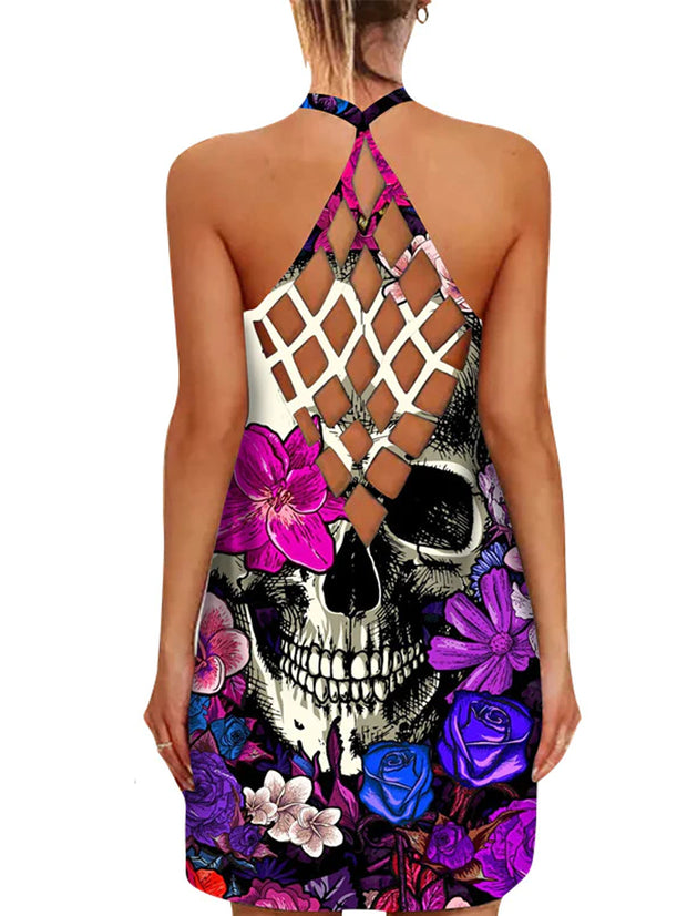 Sexy Flower Skull Print Back Hollow Dress