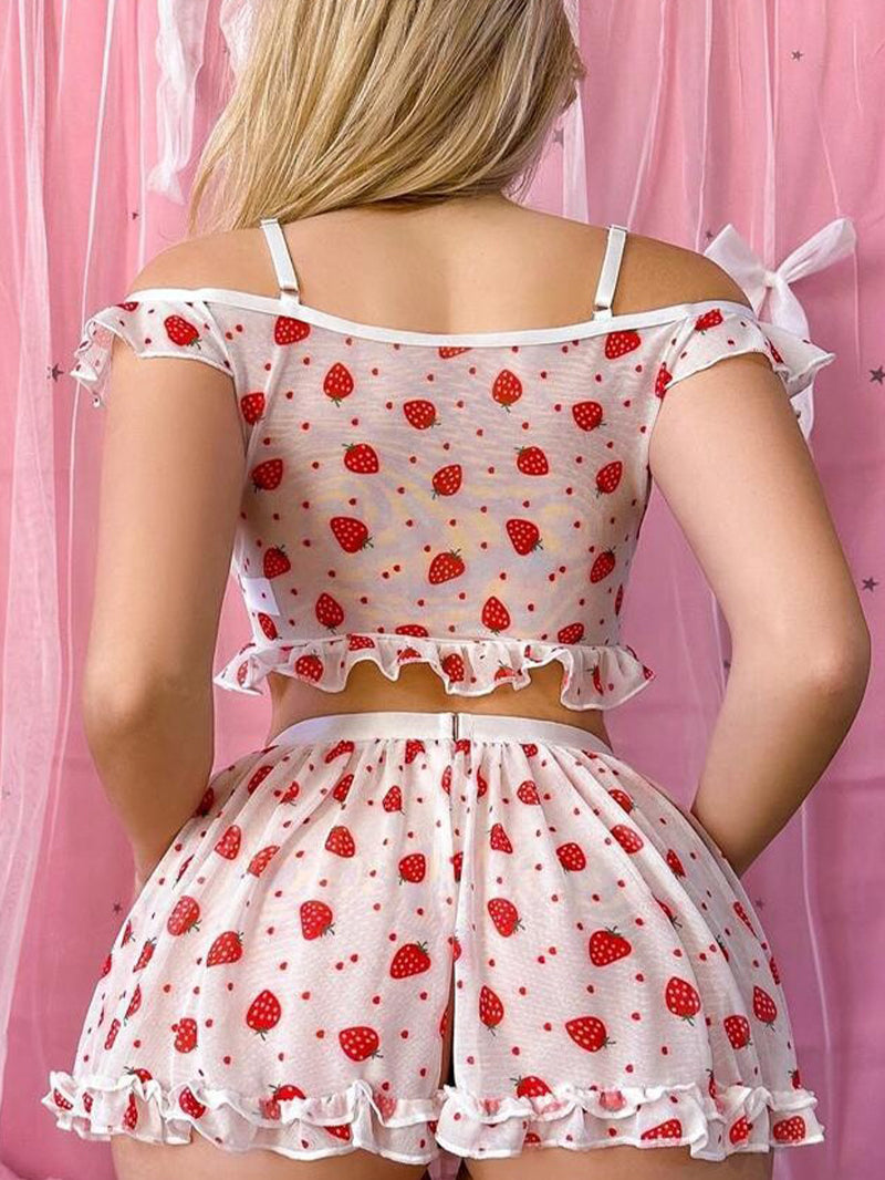 Sexy Cute Strawberry Print Stitching Lace Skirt Outfit