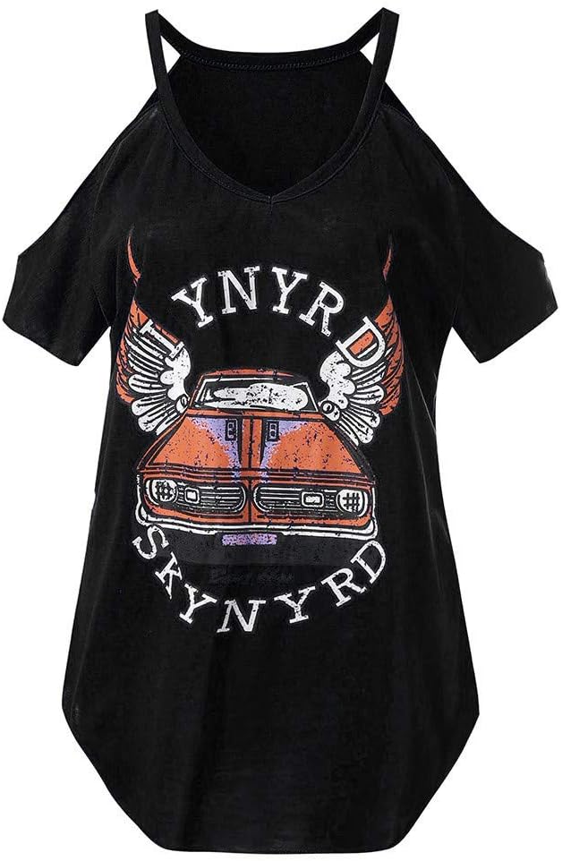 V-neck Car Printed Cold Shoulder T-shirt