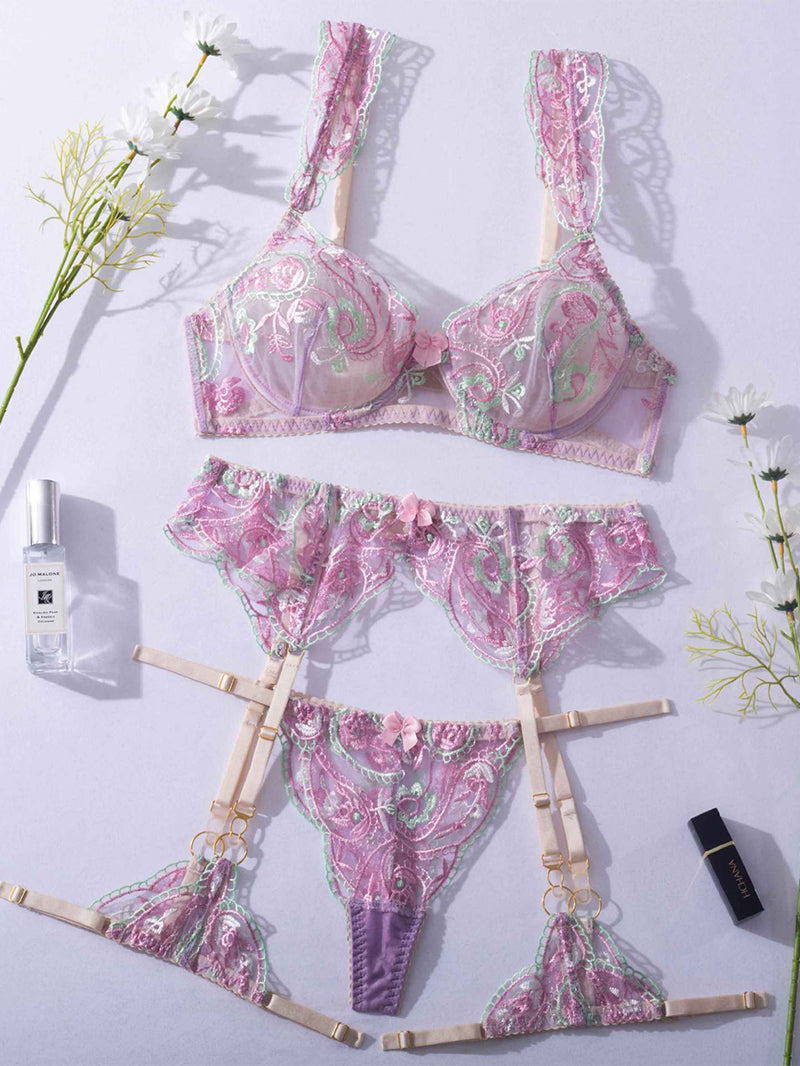 Sexy Floral Mesh Embroidered Underwear Suit