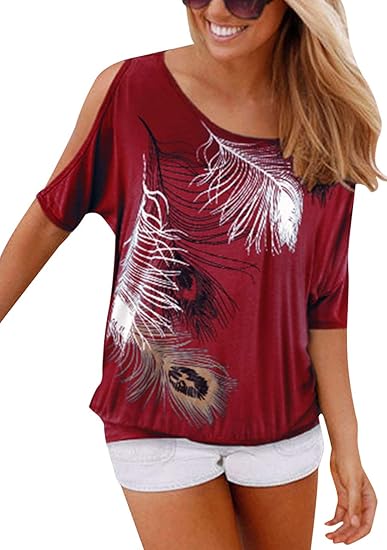 Sexy off-shoulder feather print T-shirt