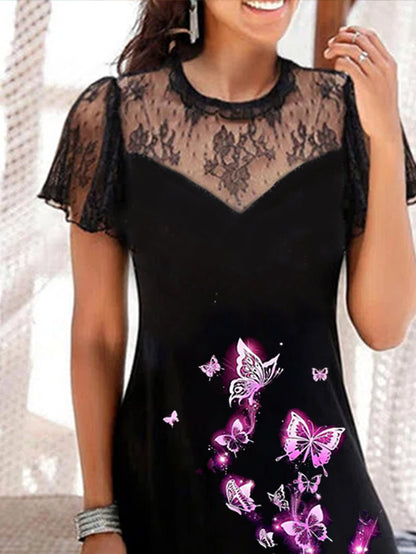 Butterfly Printed Lace Patchwork Dress