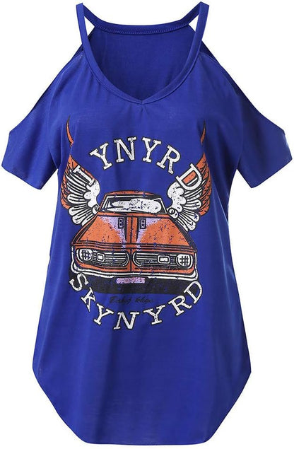 V-neck Car Printed Cold Shoulder T-shirt