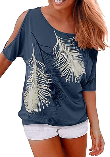 Sexy off-shoulder feather print T-shirt