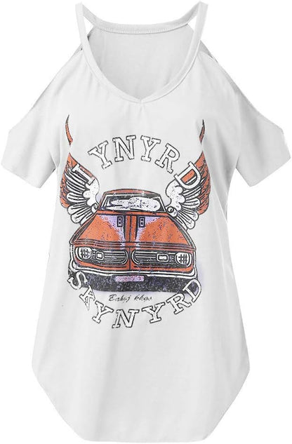 V-neck Car Printed Cold Shoulder T-shirt