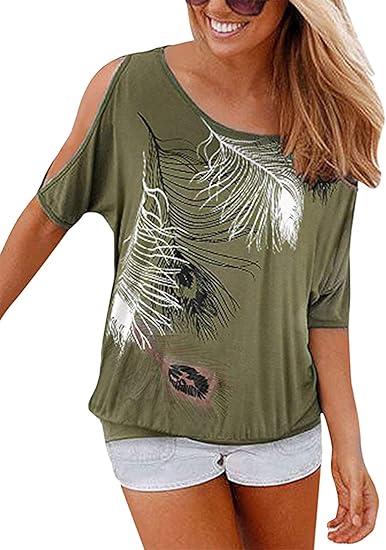 Sexy off-shoulder feather print T-shirt