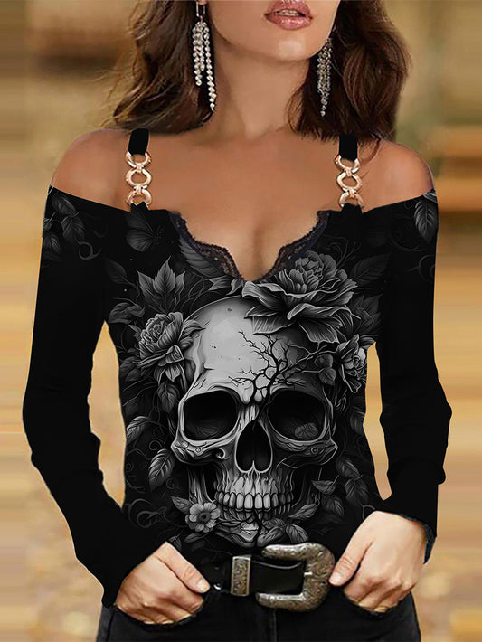 Women's Sexy Gothic Skull Metal round Buckle Sling Long Sleeve