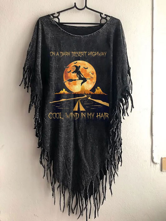 Women's Halloween Witch Print Tassel Shawl T-shirt