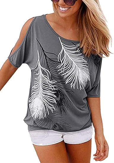 Sexy off-shoulder feather print T-shirt