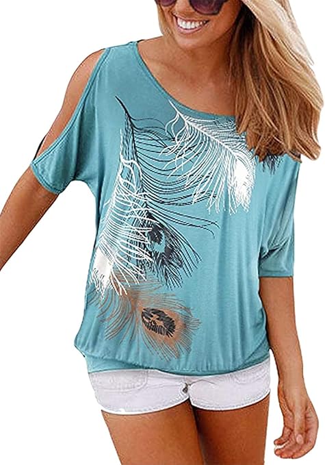 Sexy off-shoulder feather print T-shirt