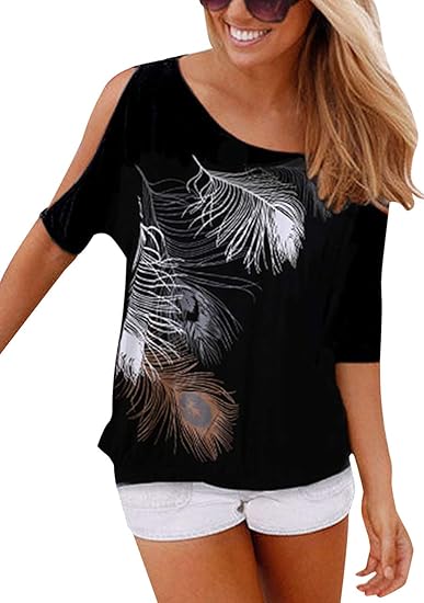 Sexy off-shoulder feather print T-shirt