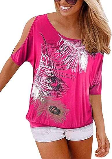 Sexy off-shoulder feather print T-shirt