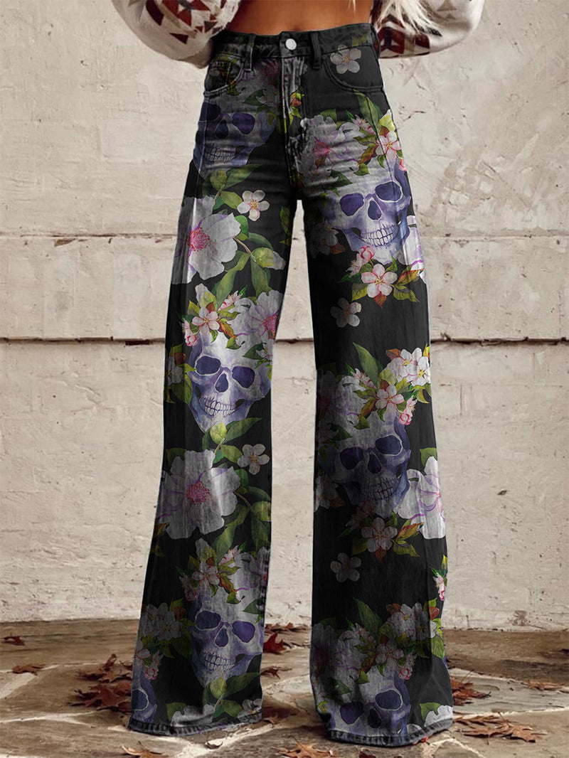 Purple Skull White Flower Print Wide-Leg Pants