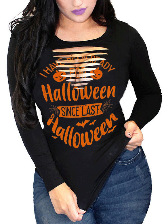 Quote Halloween Print Round Neck Long Sleeve T-Shirt