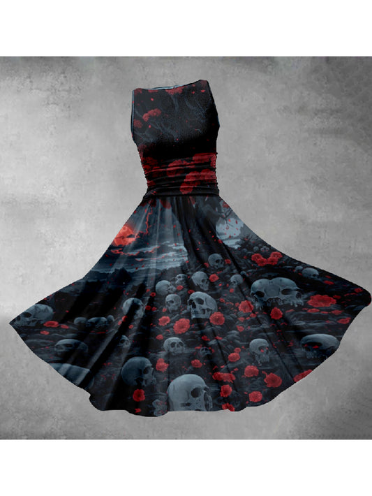 Dark Style Skull Red Flower Tree Slim Vest Dress