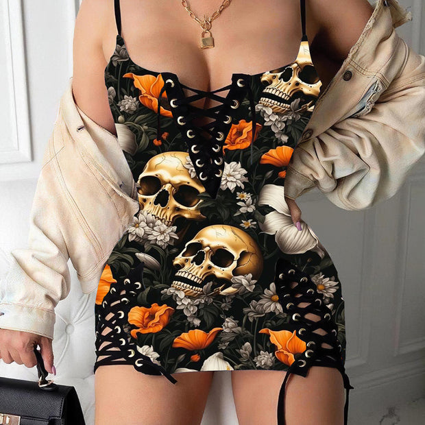 Skull Flowers Art Printed Sexy V-neck Eyelet Lace-up Suspension Dress