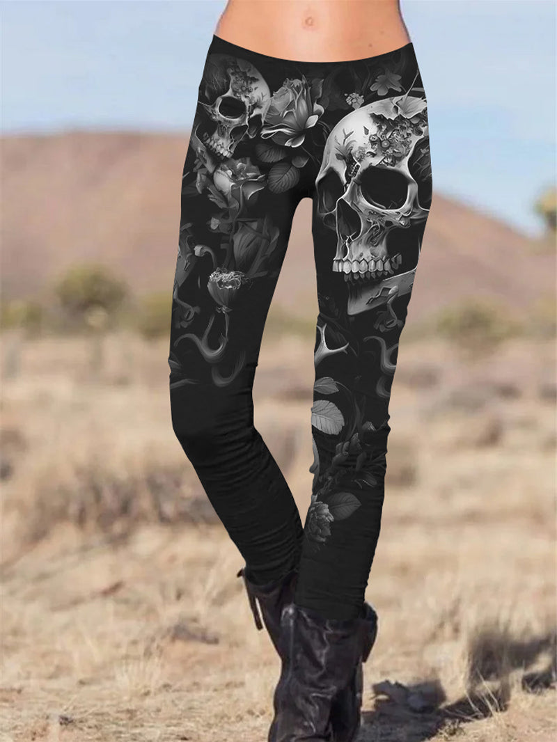 Gothic Pattern Skull Printed Slim Fit Pants