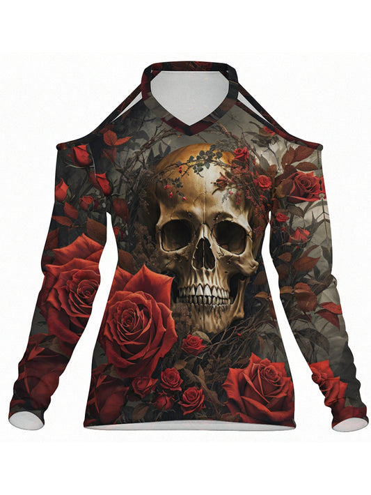 Red Rose Golden Skull Print off-Shoulder Brands Long Sleeve Top