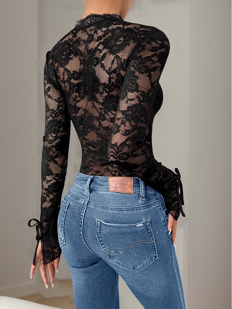 Sexy Lace Stitching Printed See-through Jumpsuit