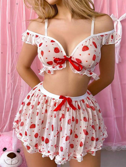 Sexy Cute Strawberry Print Stitching Lace Skirt Outfit