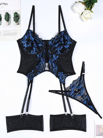 Lace Mesh Patchwork Garter Underwear Suit