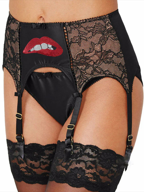 Women's Lip Mouth Rhinestone Lace Sexy Garter