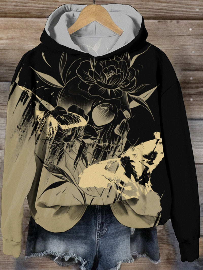 Women's Fashion Gothic Image Rose Butterfly Print Hooded Sweatshirt