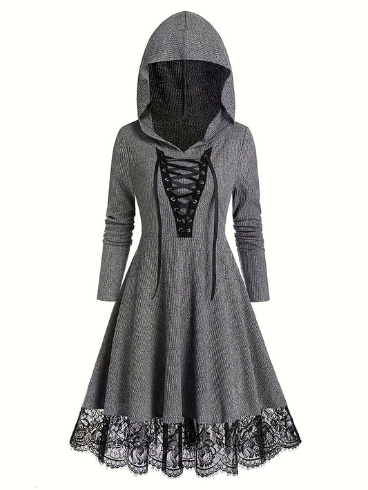 Elegant Women's Hooded Long-Sleeved Knitted Lace Tied Dress