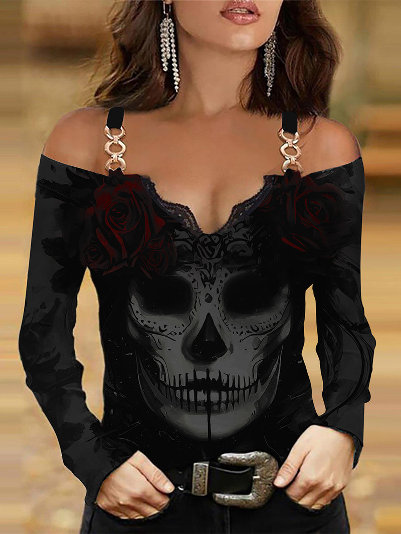 Women's Sexy Gothic Skull Queen Metal round Buckle Sling Long Sleeve