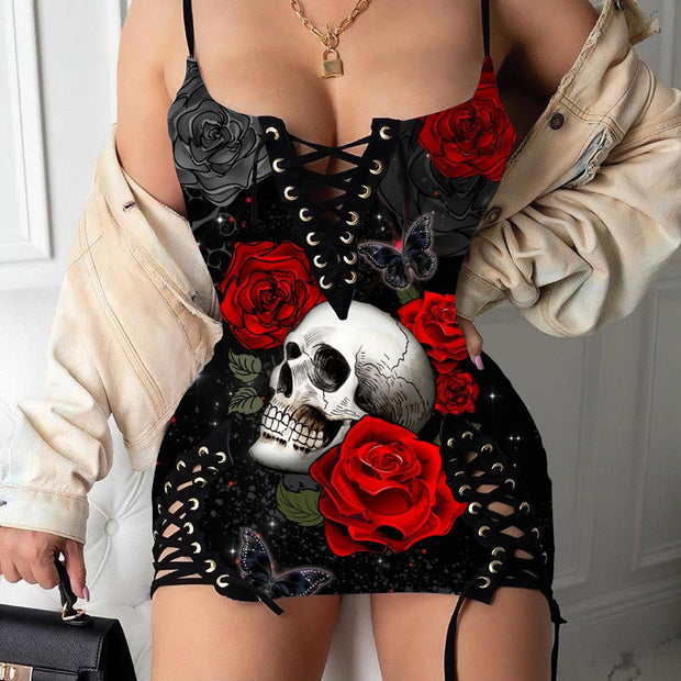 Gothic Rose Skull Printed Sexy V-neck Eyelet Lace-up Suspension Dress