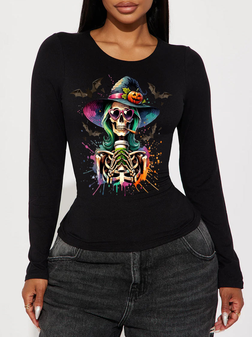 Halloween Color Witch Print round Neck Long Sleeve T-shirt