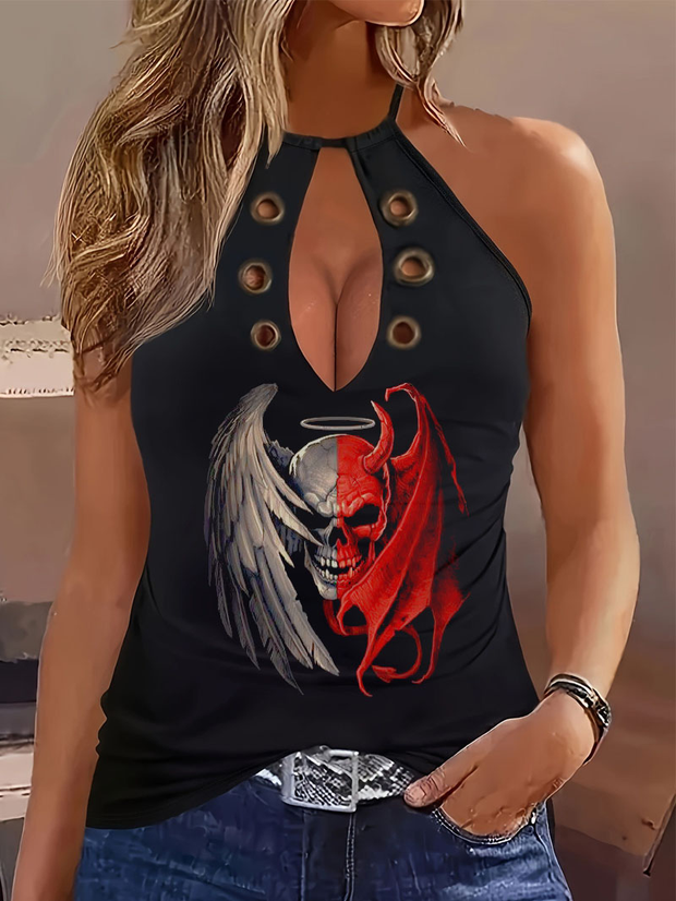 Black and Red Devil Skull Metal Buckle Decorative Strap Sexy Halter Top
