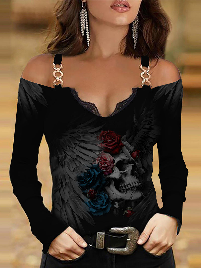 Women's Sexy Gothic Skull Wings Metal round Buckle Sling Long Sleeve