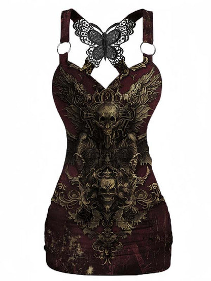 Gothic Dark Skull Printed Back Butterfly Camisole