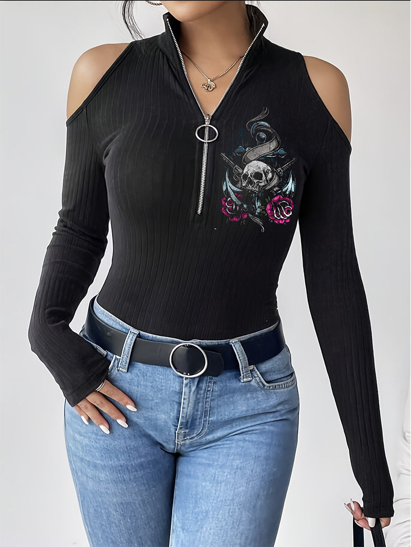 Women's Gothic Skull Killer Zipper Stand and Collar Hollow Long Sleeve T-shirt