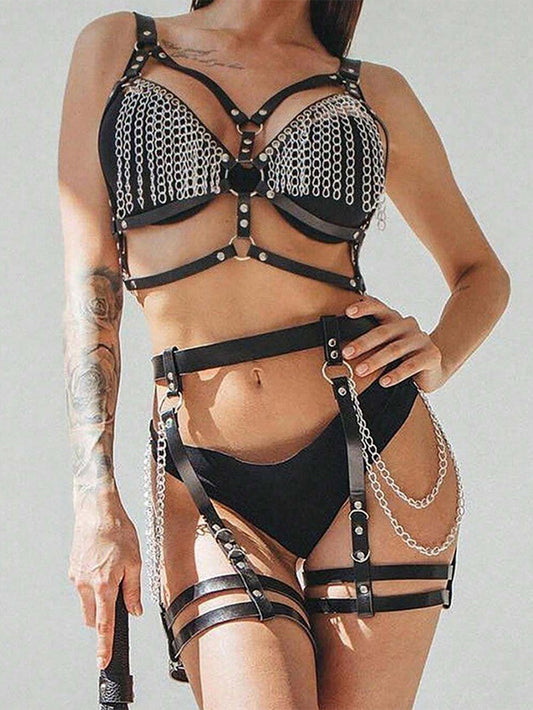 Sexy Leather Bondage Tassel Chain Underwear Suit