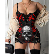 Gothic Dark Blue Skull Print Lace-up Sexy V-neck Suspender Skirt