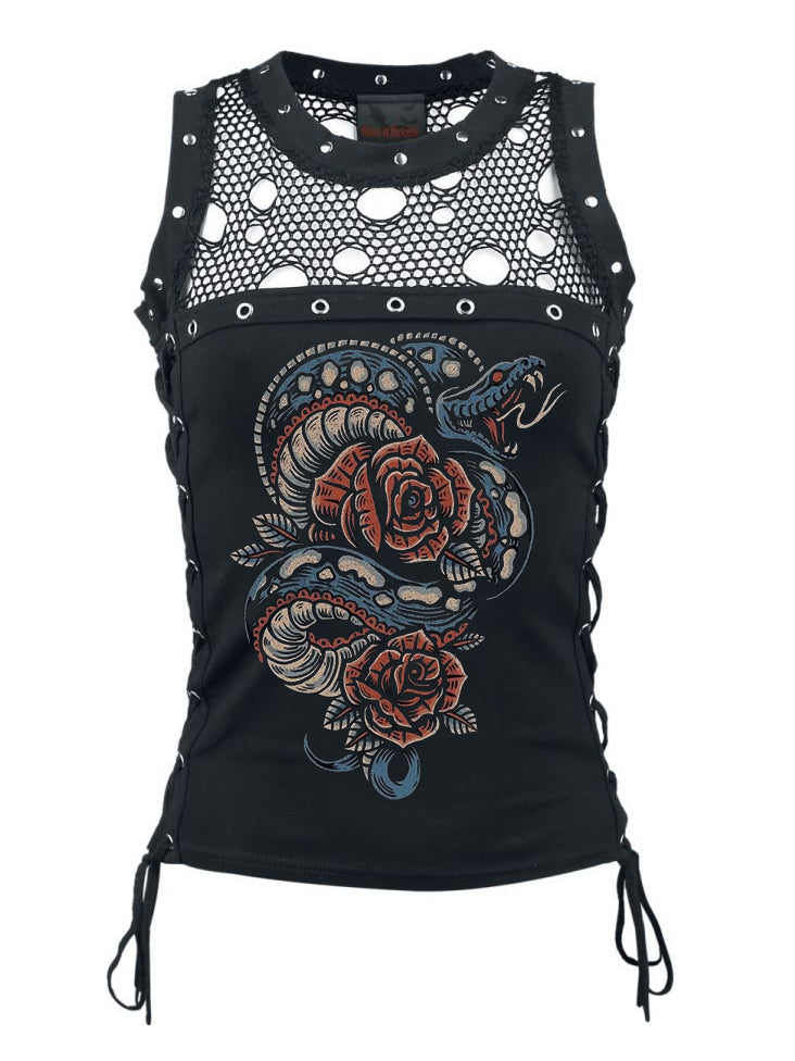 Snake & Roses Printed Lace up Sexy Tops