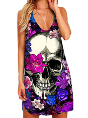 Sexy Flower Skull Print Back Hollow Dress