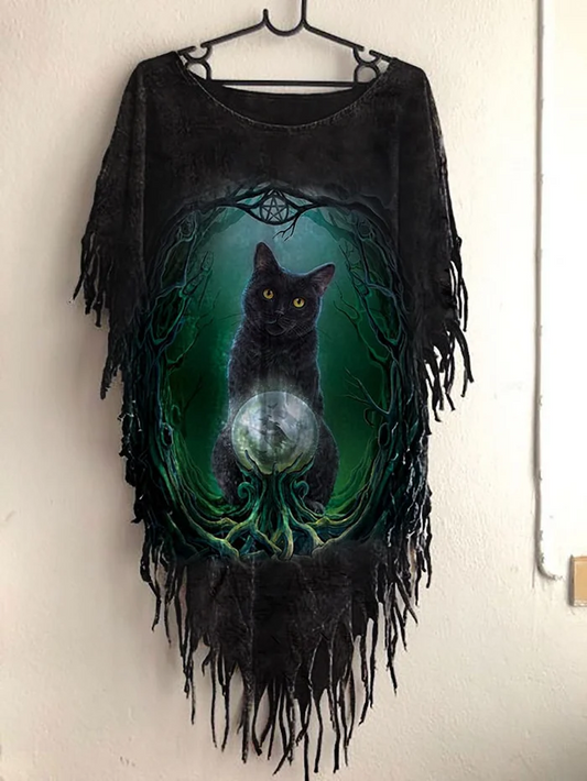 Women's Halloween Cat Print Tassel Shawl T-shirt